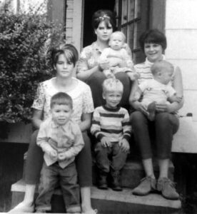 Dave Eaton family~ 1968c, Michele Tanata with Michael Haskey, Merri friend with her child, Tim & Terri & Mark Eaton, b&w