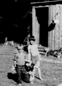 Dave Eaton family~ 1971c, Kelly & Mark with dog outside old house on East Hoquiam Road