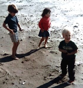 Dave Eaton family~ 1971c, Mark & Kelly at beach with Kristine Kalkwarf, family friend