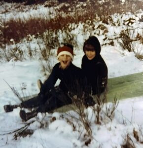 Dave Eaton family~ 1972c, Tim & Mark sliding in snow