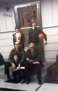 Dave Eaton family~ 1973c, Bend, OR, Kelly, Dave, Mark & Tim & the boys' uncle Bert Hughes at his home