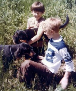 Dave Eaton family~ 1973c Mark & Tim with dogs