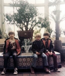 Dave Eaton family~ 1974c, Tim, Mark & Kelly by indoor fountain